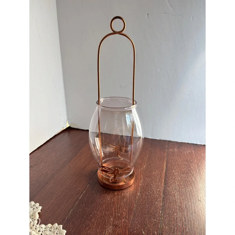 Copper Dragonfly Tea Light Candle Holder with Glass‎ Hurricane Shade Lantern 12